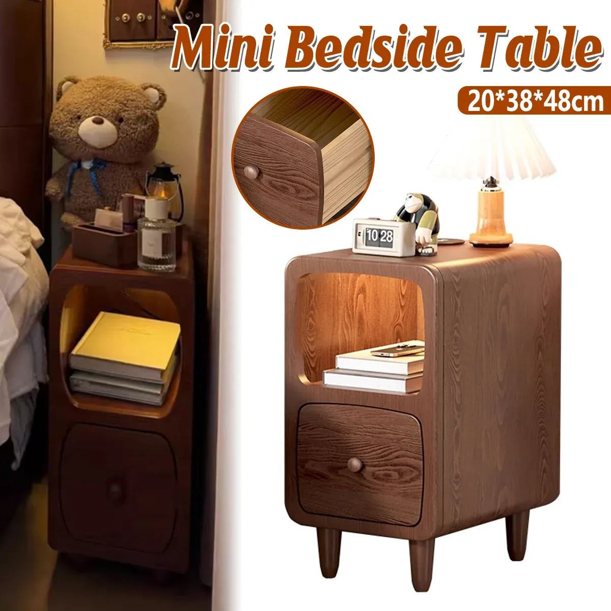 Wood Mini Bedside Table with Drawer and Shelf Compact Space Saving