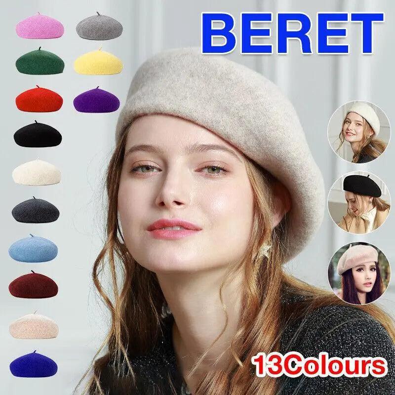 Women Ladies Beanie Wool French Beret Newsboy Hat Cap Winter Warm Hats Girls - Light Grey