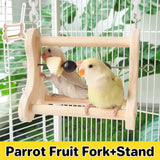 Parrot Foraging Toy Wooden Hanging Fruit Fork Stand Bird Cage Accessory Chew Toy