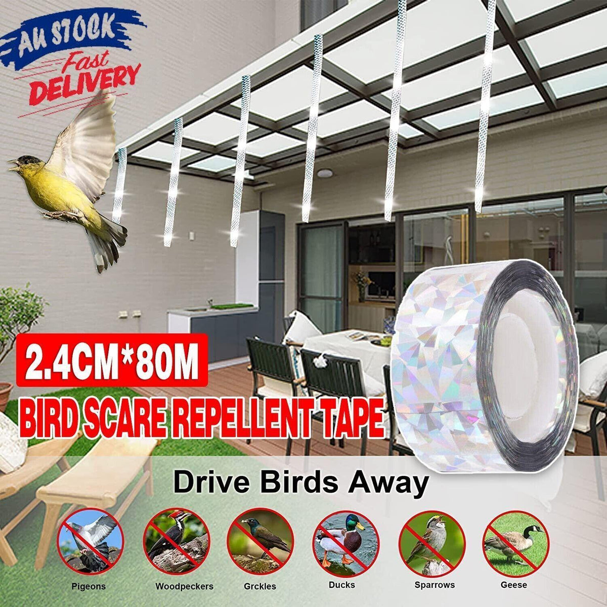 80m Reflective Bird Repellent Tape Double-Sided Flash Ribbon for Garden and Orchard