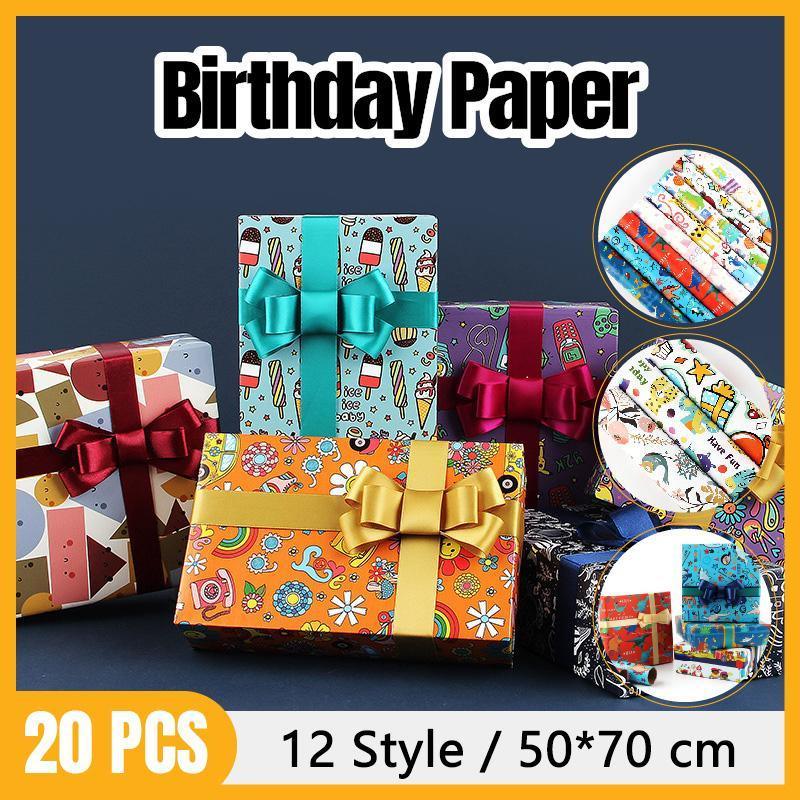 20pcs Cute Animal Cartoon Gift Wrapping Paper for Toys Bookskin and Crafts - Striped Birthday-20PCS