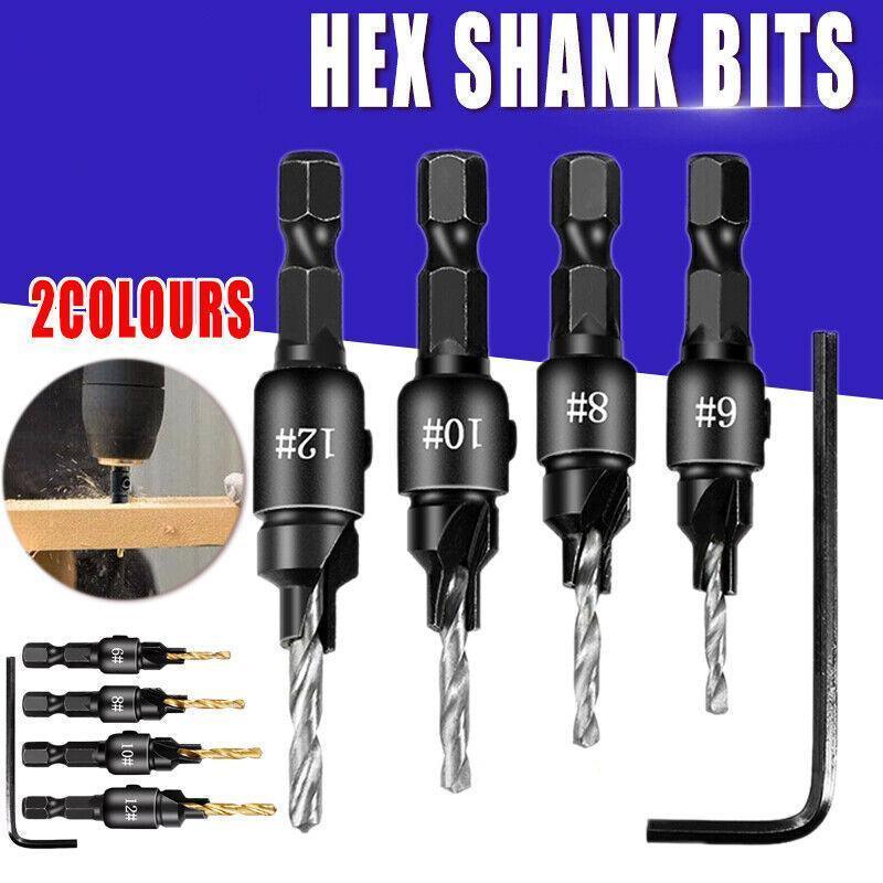 4PCS Screw Countersink Bit Set Pilot Holre Drill Metal Plastic Wood Hex Shank - Silver
