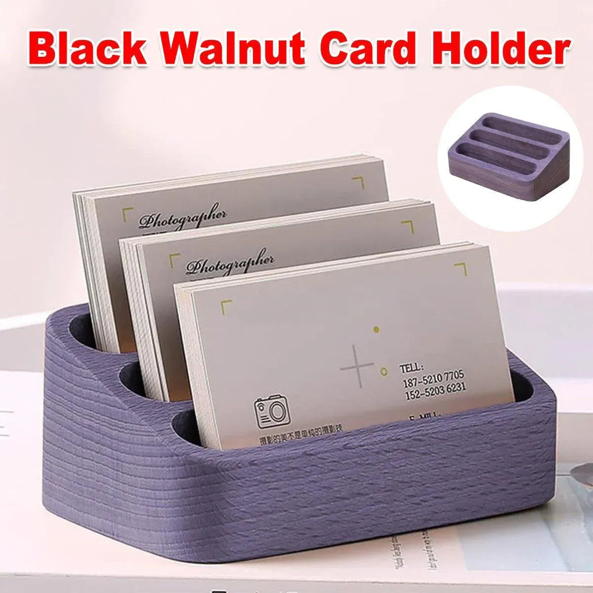 Black Walnut 3 Compartment Business Card Holder Office Card Organizer Case