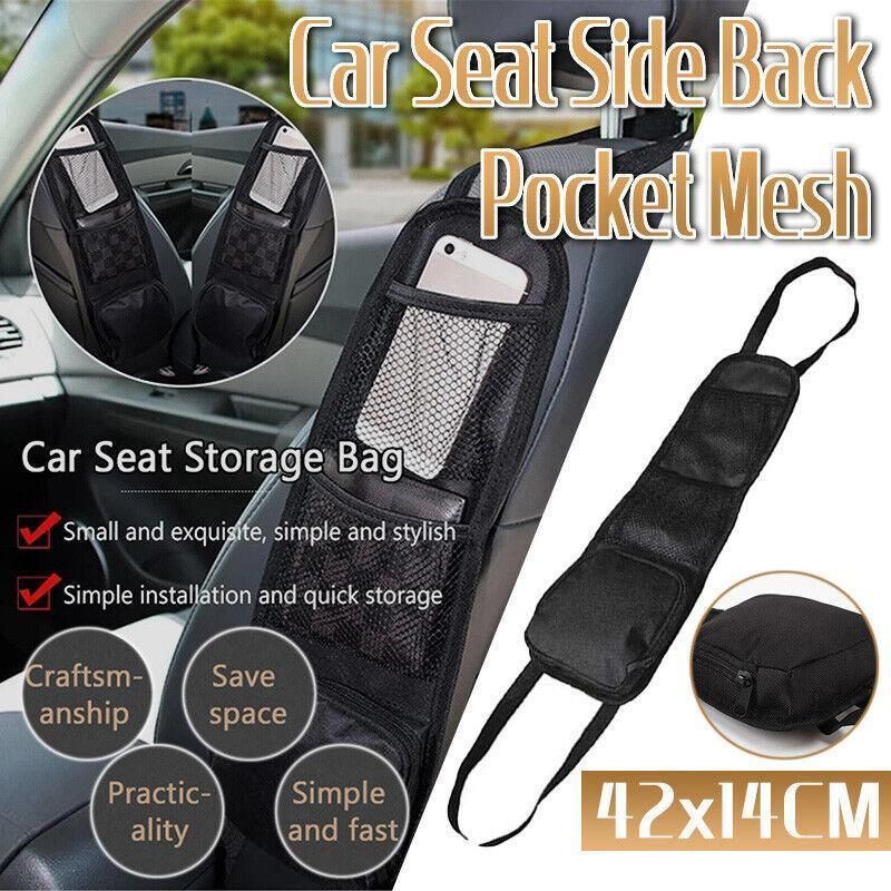 Black Vehicle Backrest Side Pocket Mesh Hanging Bag Organizer with Phone Holder