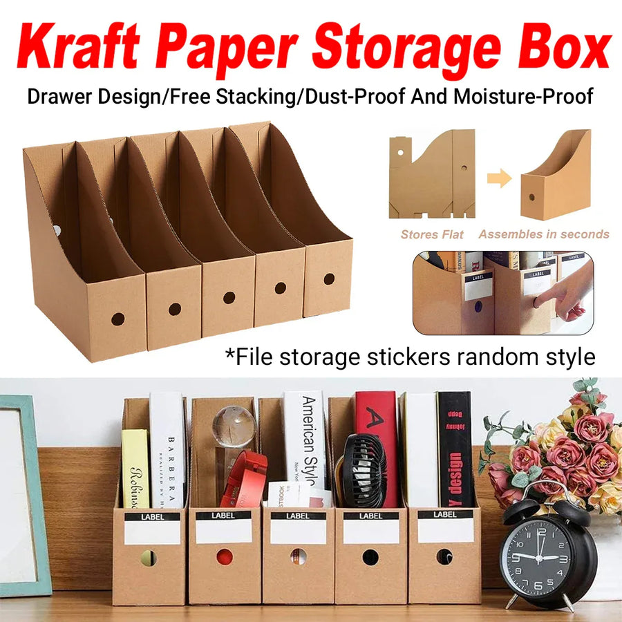 Kraft Paper Desktop Book File Storage Box Durable Sturdy Foldable Space Saving