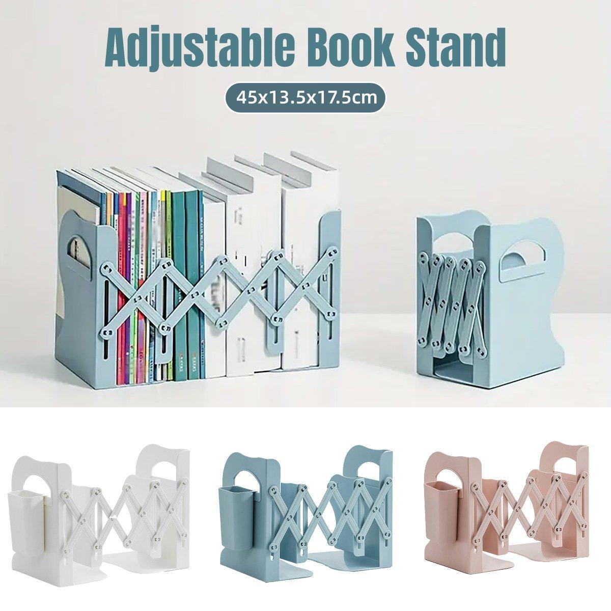 Adjustable Desktop Bookshelf Organizer With Pen Holder Folding Book Storage Rack - White