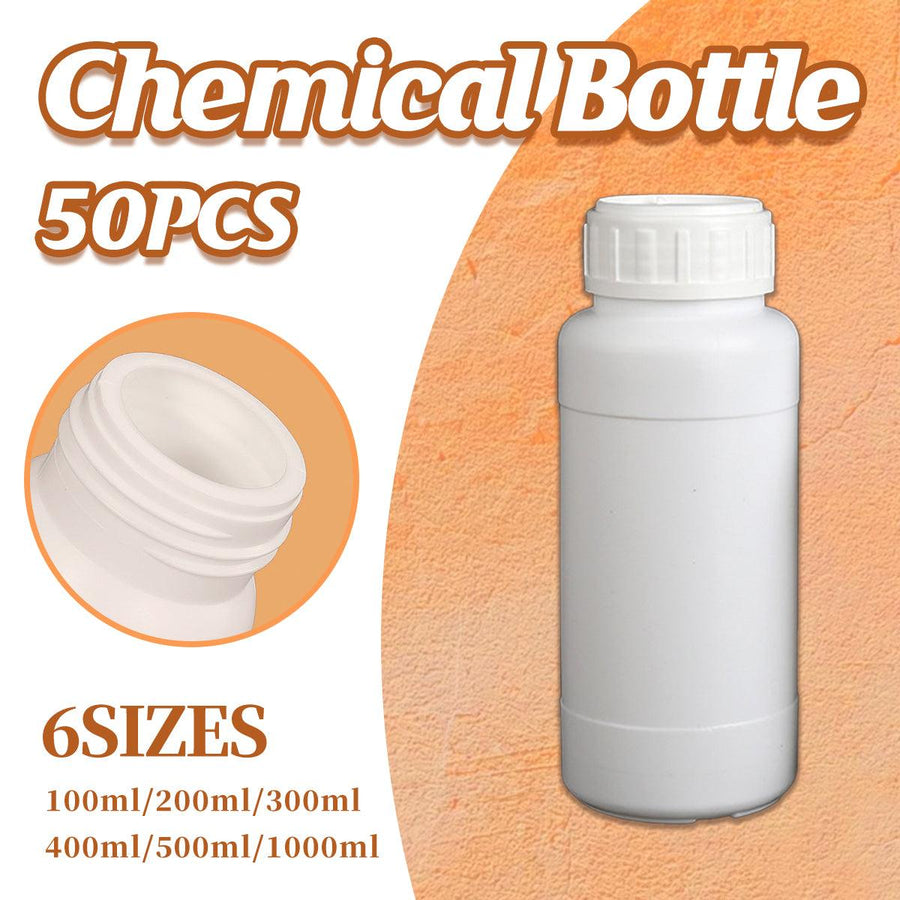 50pcs Chemical Bottle White Plastic Sample Reagent Bottles for Lab Storage - 300ml