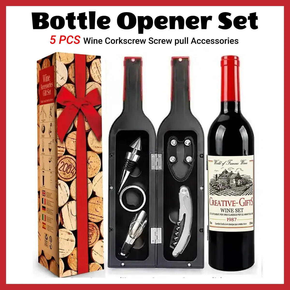 Wine Bottle Opener Set 5pcs Manual Corkscrew Opener Wine Tools Kit for Bar Use