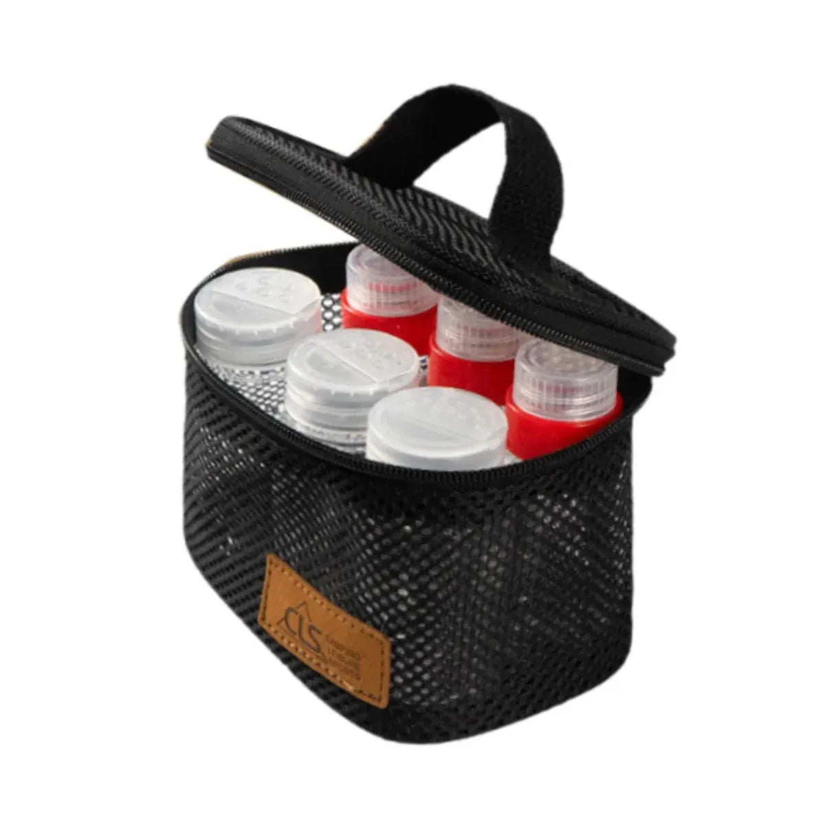 6pcs Mini Seasoning Bottle Set Portable Kitchen BBQ Camping Spice Container Box - Mesh Bag-Black