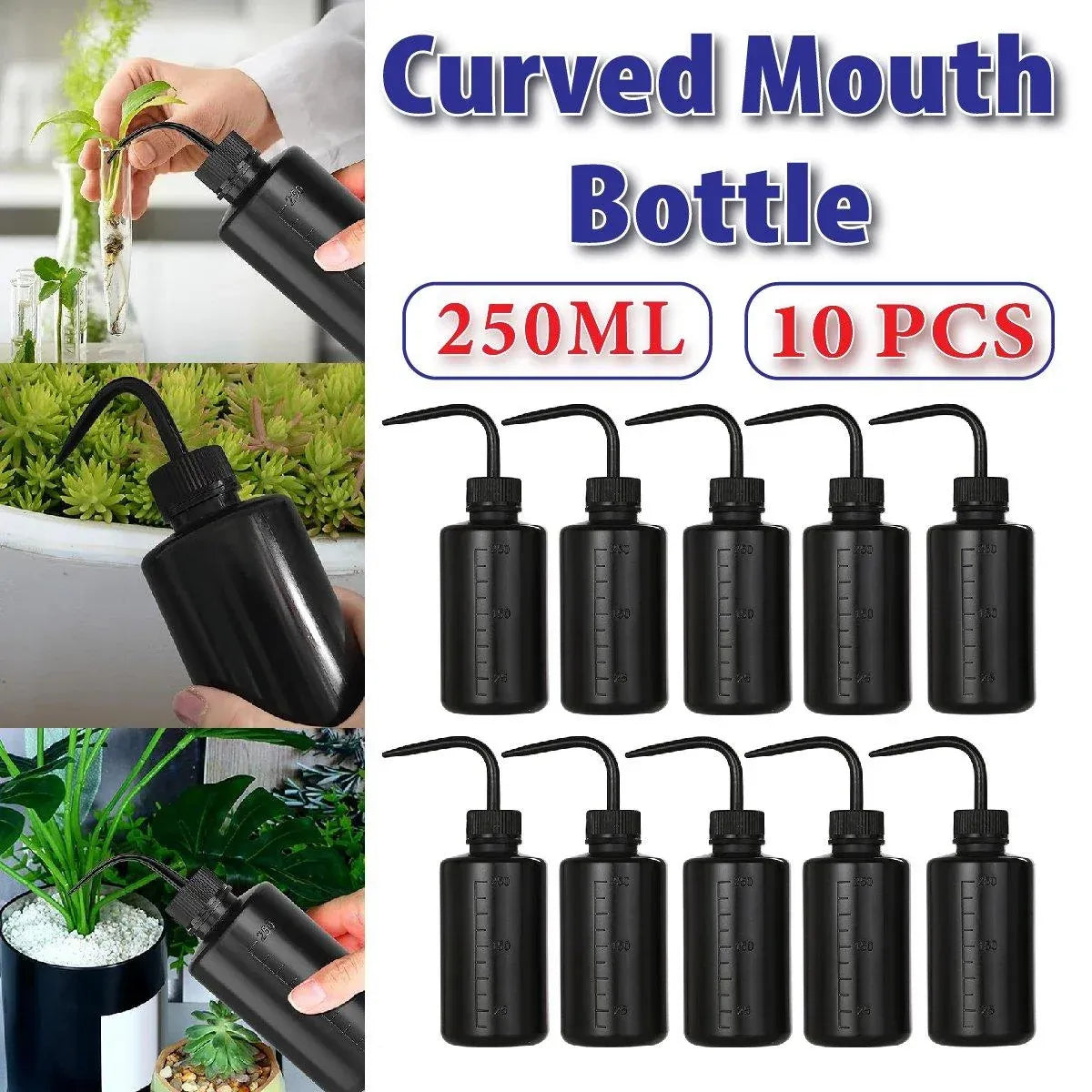 10pcs 250ml Curved Spout Rinse Bottle Graduated for Lab and Plant Care