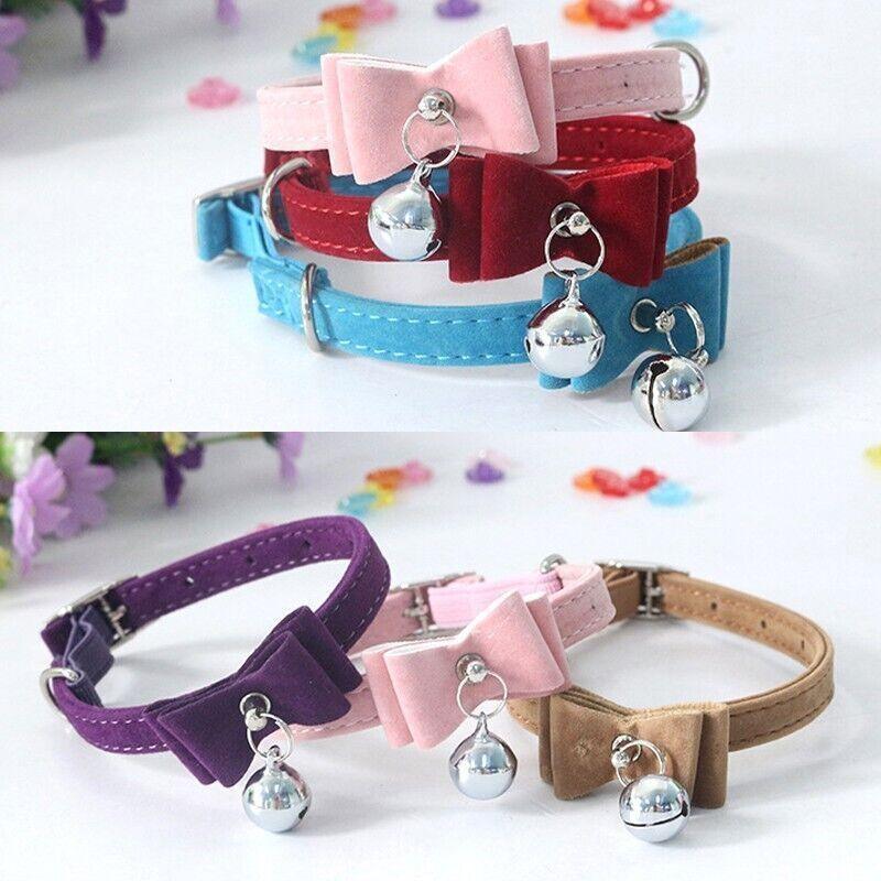 1× Adjustable Suede Cat Collar with Bow Bell Pink Blue Black Red - Rose Red