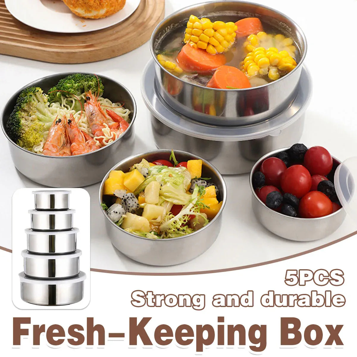 5PCS Food Storage Bowls Round Kitchen Containers with Lids for Fridge Pantry Use