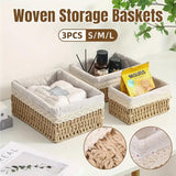 3pcs Rattan Storage Basket Woven Fabric Grass Basket for Home Organiser Decor