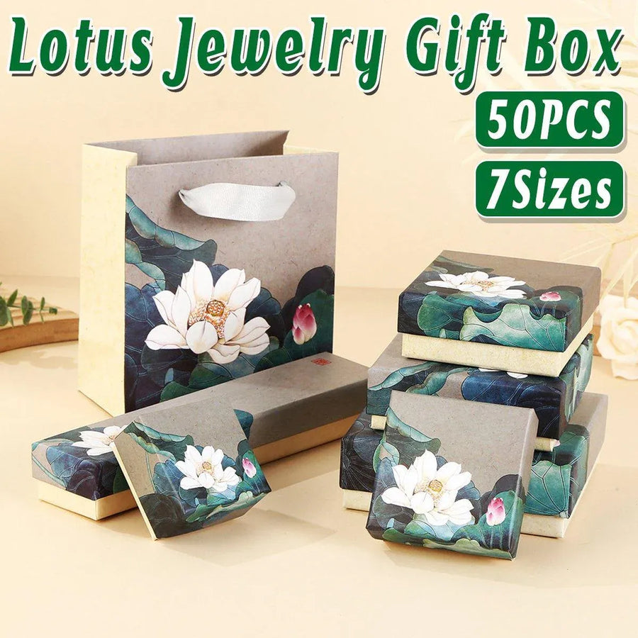 50pcs Blue Vintage Lotus Jewelry Box Paper Packaging Gift Boxes for Jewelry - 5.5*5.5*3.7cm(Box)