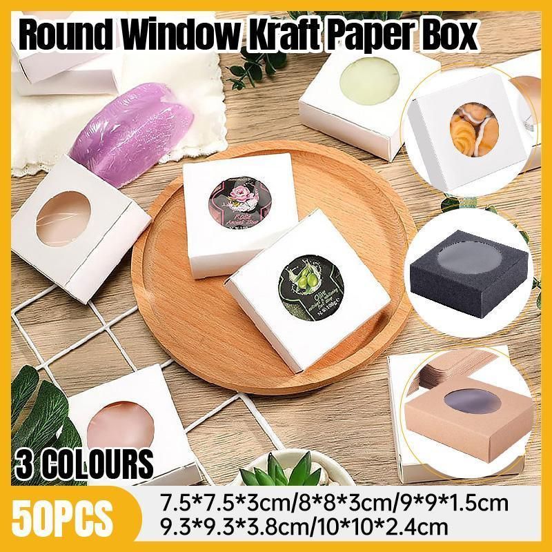 50PCS Handmade Soap Paper Box Round Window Kraft Black White Candy Biscuit Box - White-50pcs 10*10*2.4CM