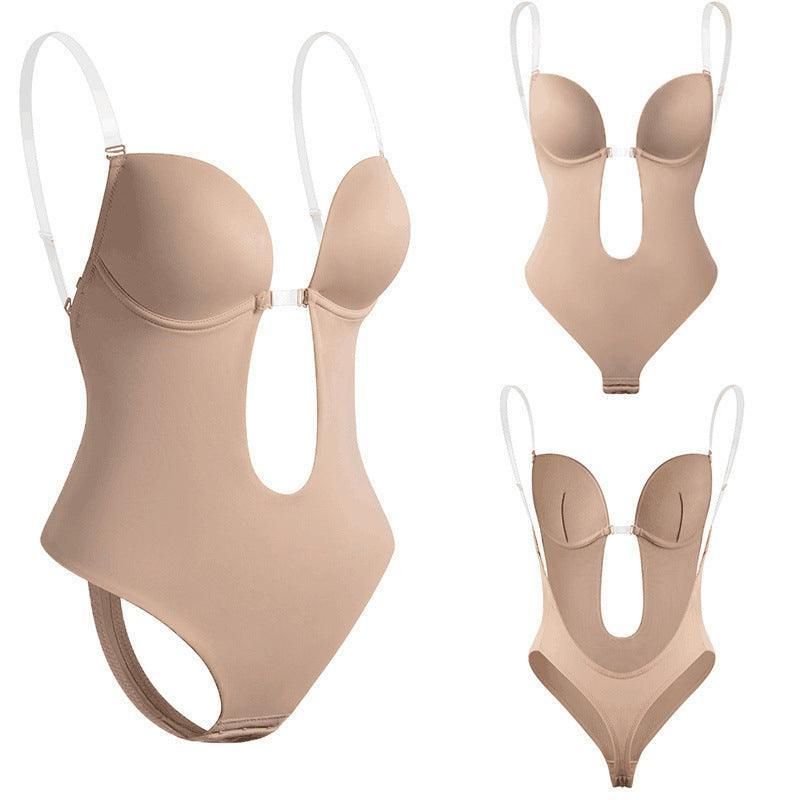 L Size Women Deep U Plunge Seamless Push Up Bra Thong Backless Bodysuit - Skin