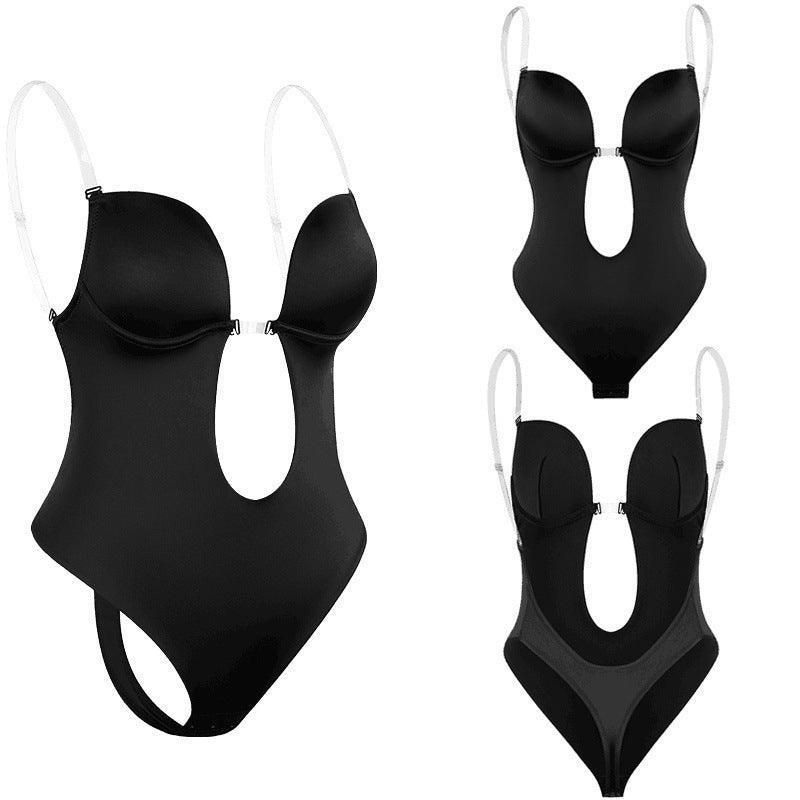 L Size Women Deep U Plunge Seamless Push Up Bra Thong Backless Bodysuit - Black