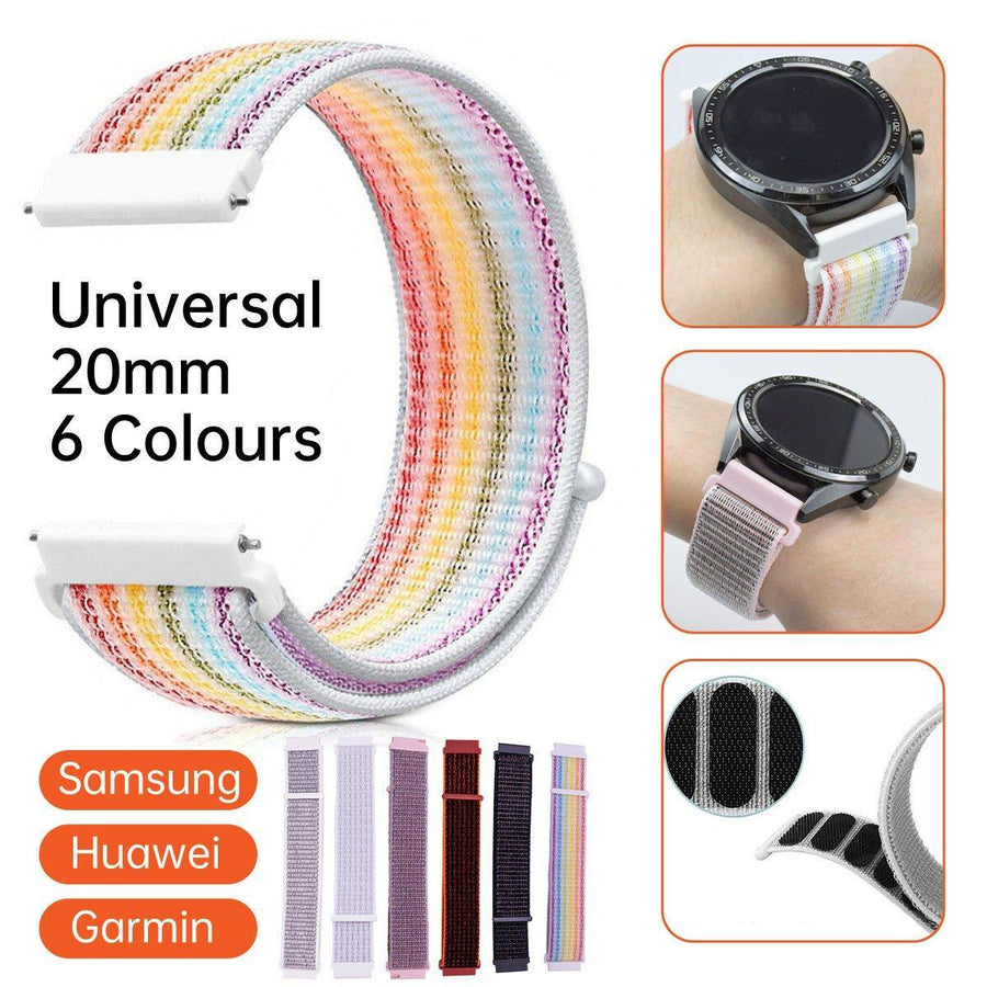 20mm Nylon Braided Sport Loop Velcro Watch Band Strap Compatible Replacement - Rainbow