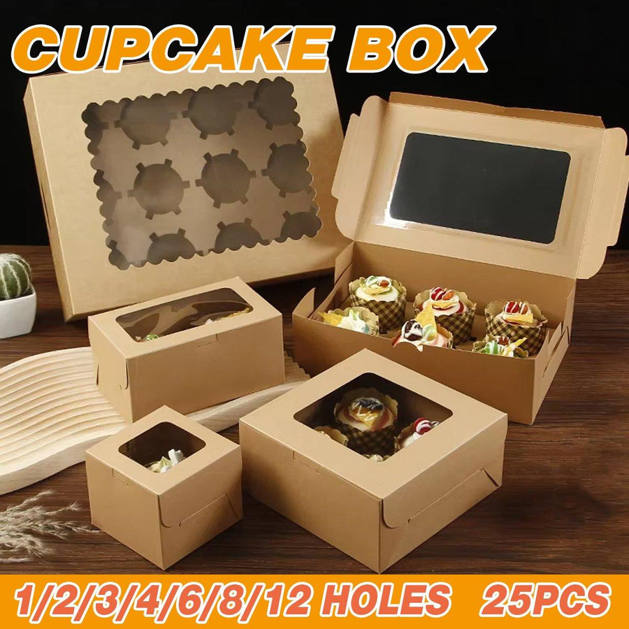 25Pcs Paper Cupcake Box with Window for Party Wedding Bakery Gift Packaging - 2 Holes