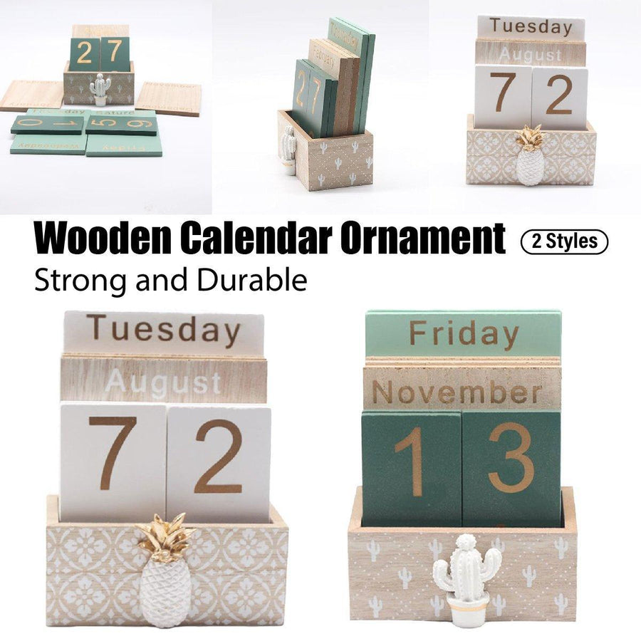 Rustic Wooden Perpetual Desk Calendar DIY Block Calendar Office Desktop Decor - Cactus