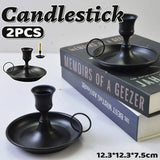 Nordic Iron Candle Holder Set 2pcs Matte Black Tray Ring Handle 12.3 x 7.5cm