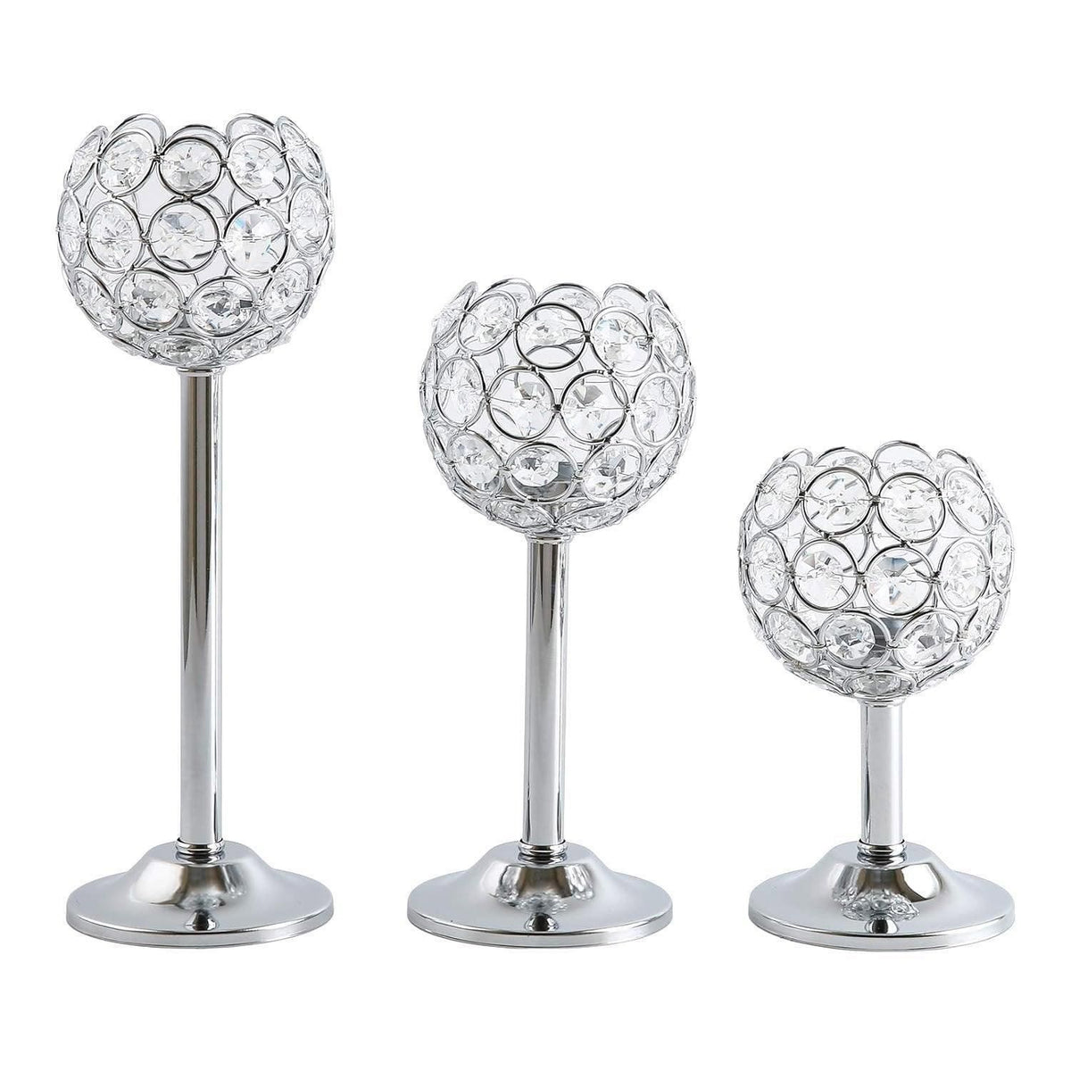 3PCS Crystal Candle Holders Metal Candlelight Wedding Home Dinner Decoration - Silver