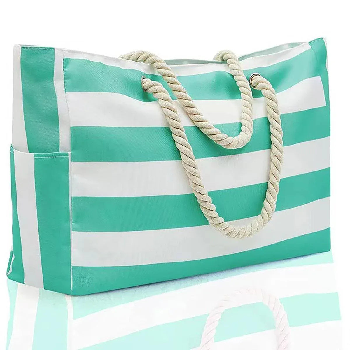 Large Bohemian Striped Canvas Beach Bag Zipper Tote for Travel Outdoor Vacation - Green