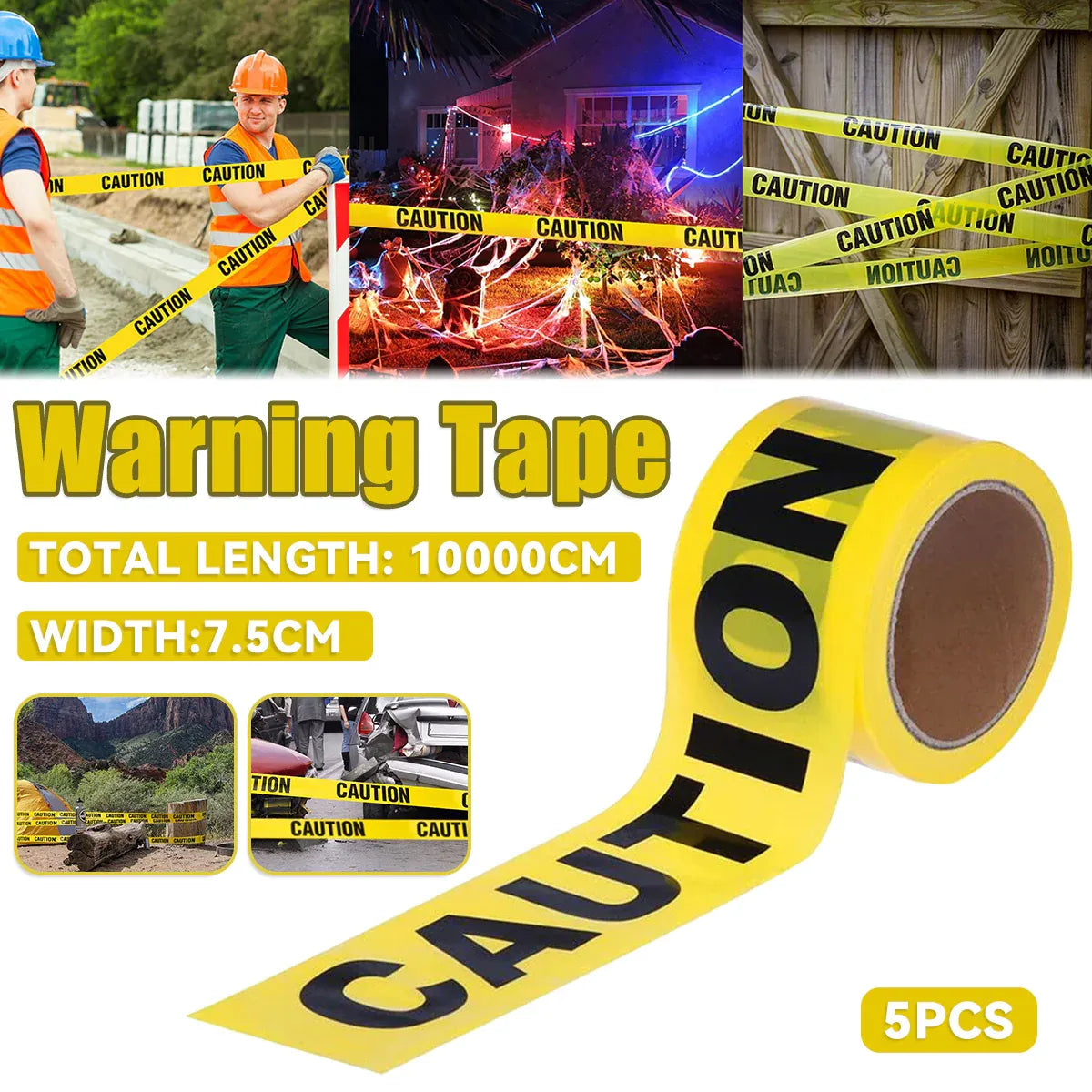 5PCS 100M Caution Warning Tape 75mm Yellow Black PE for Construction Marking