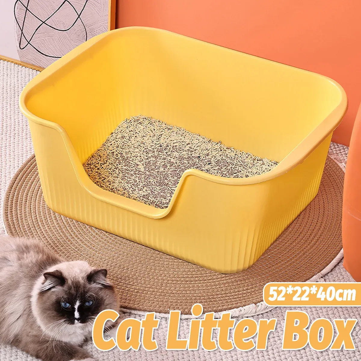 Large Cat Litter Box Open Toilet Semi Enclosed Yellow Tray Splash Proof Pet