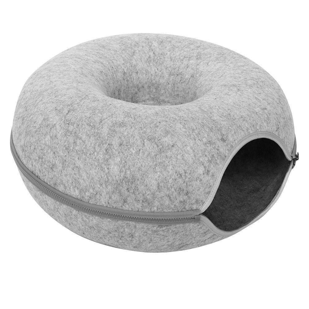 Felt Cat Tunnel Bed Round Donut Cave Nest for Kittens and Small Pets 60x30cm - Light Grey
