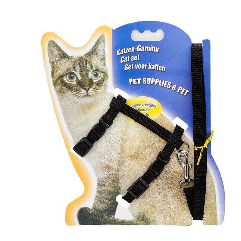 Nylon Cat Harness and Lead Set Adjustable Strap for Outdoor Walks - Black
