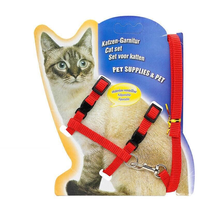 Nylon Cat Harness and Lead Set Adjustable Strap for Outdoor Walks - Red