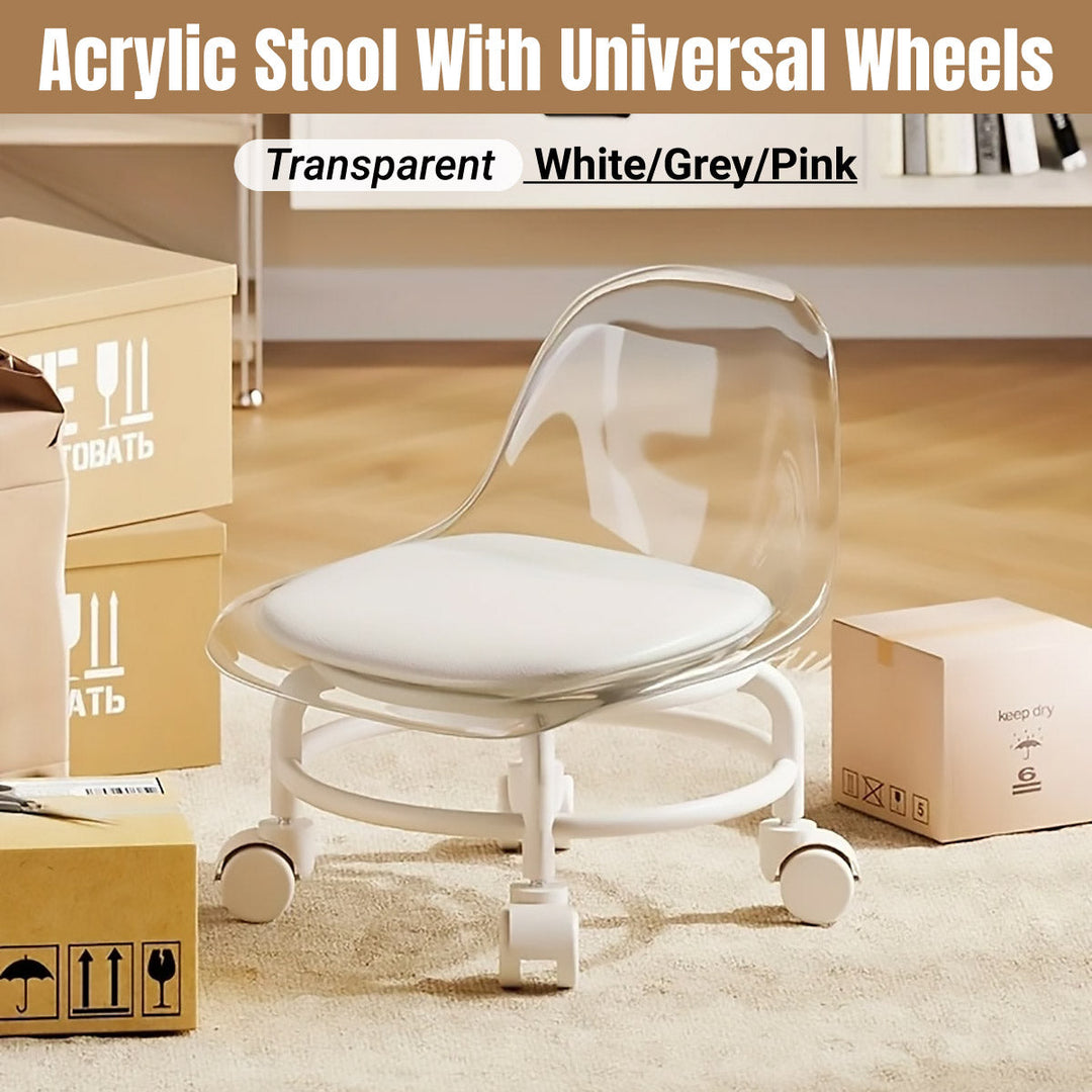 Stool with Universal Wheels Pulley Short Stool with Backrest Comfortable Seat - Grey