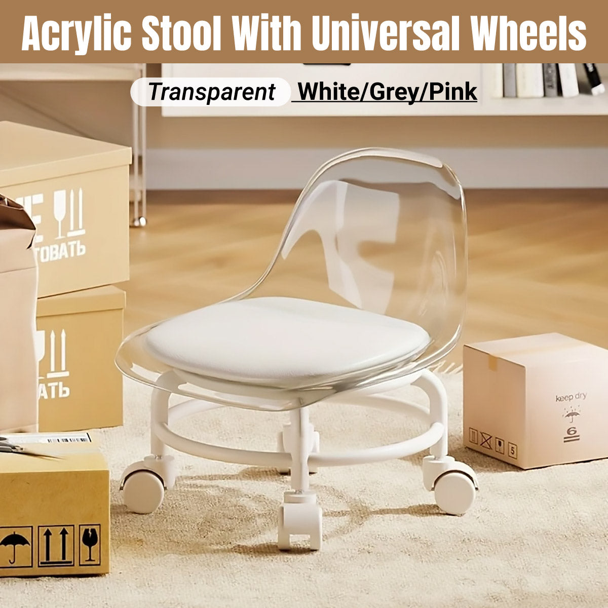 Stool with Universal Wheels Pulley Short Stool with Backrest Comfortable Seat - White