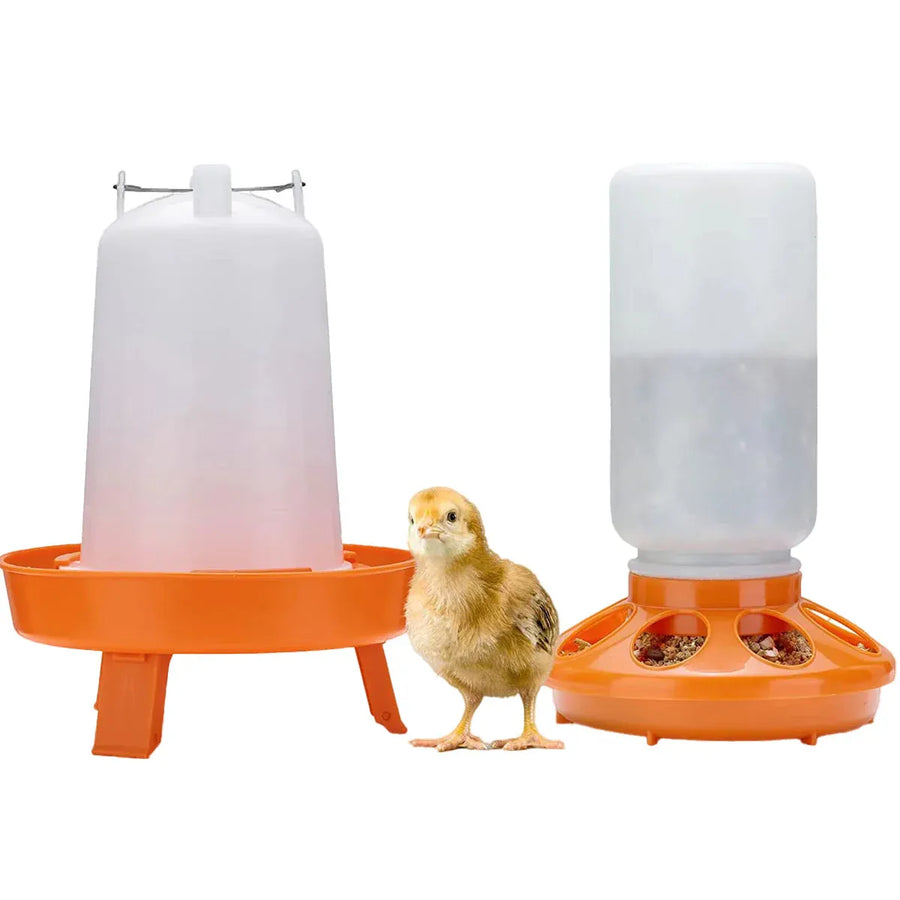 Chicken Feeder Waterer Set Poultry Kettle With Feed Bucket Farm Coop Feeding Use - Orange