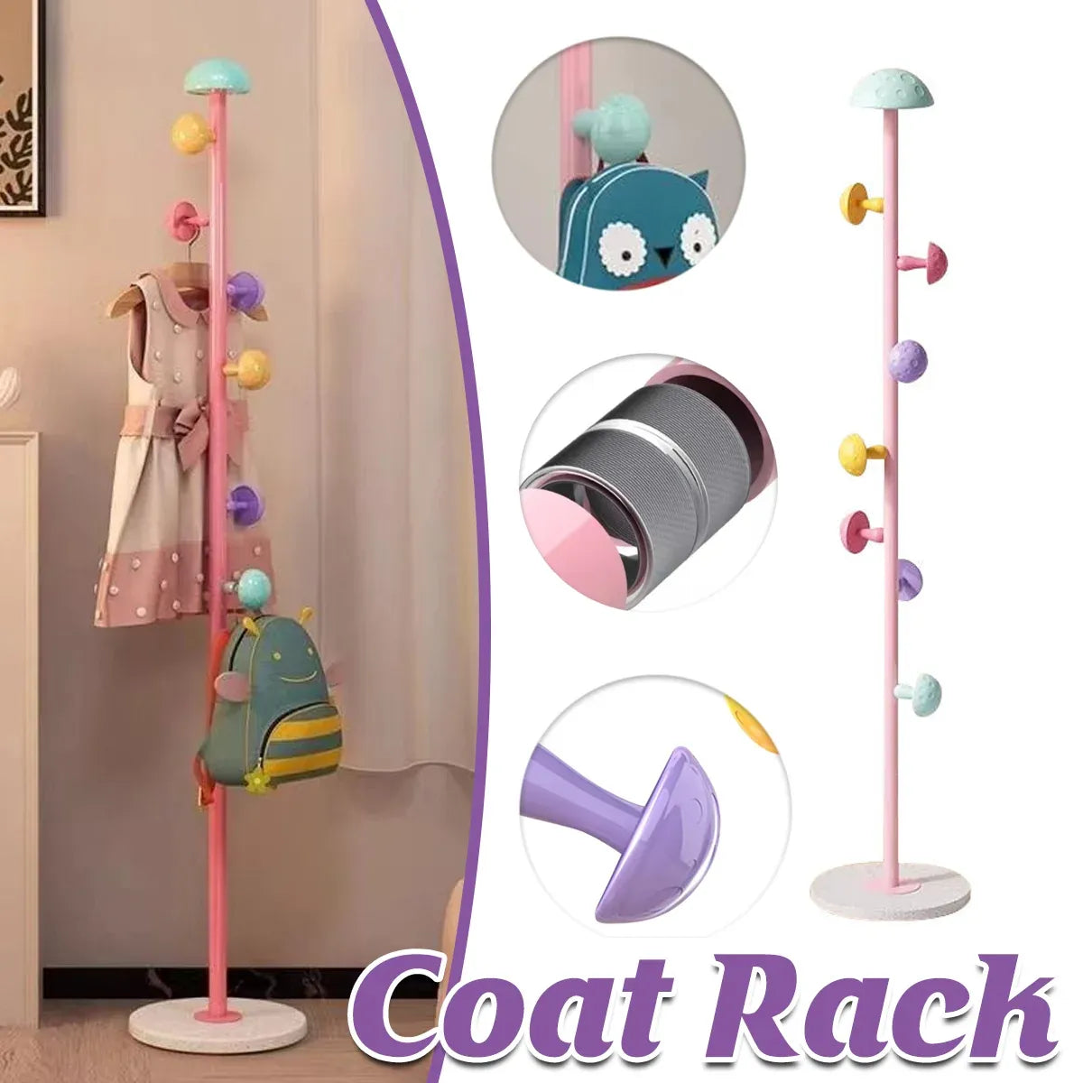 Cartoon Mushroom Floor-Standing Coat Rack High-Carbon Steel Bedroom Organiser