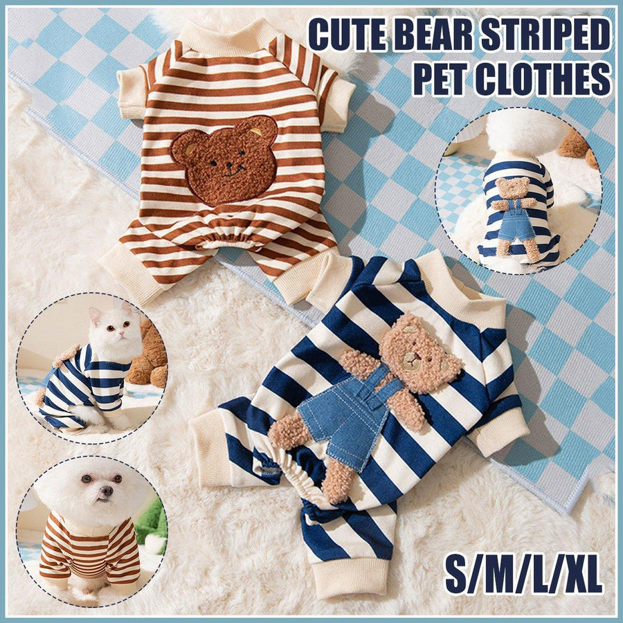Cute Bear Striped Dog Home Clothes Cat Pet Outfit Cozy Animal Pajamas for Pets - Navy blue - S