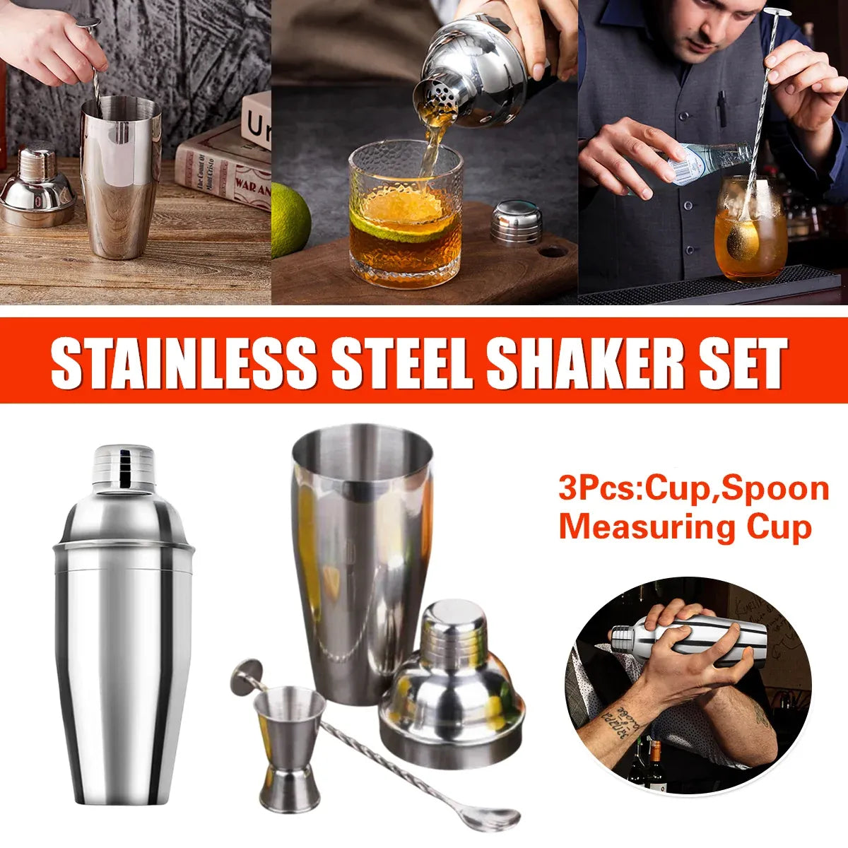 3PCS Stainless SteelCocktail Shaker Set for Bar Tool Kit for Home Bartender