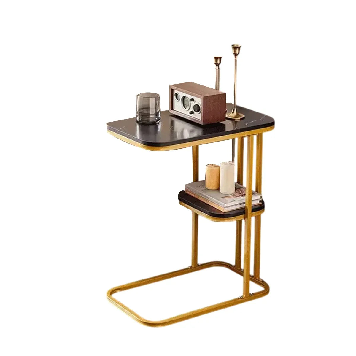Modern Living Room Side Table 2 Tier Rounded Corners Easy Clean - Black