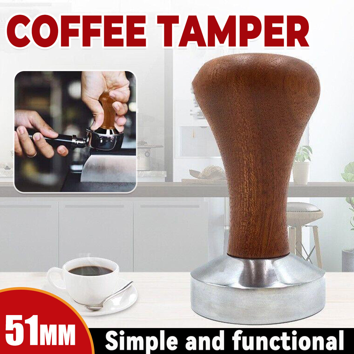 51mm Coffee Tamper Aluminum Alloy Base Wooden Handle for Espresso Machine