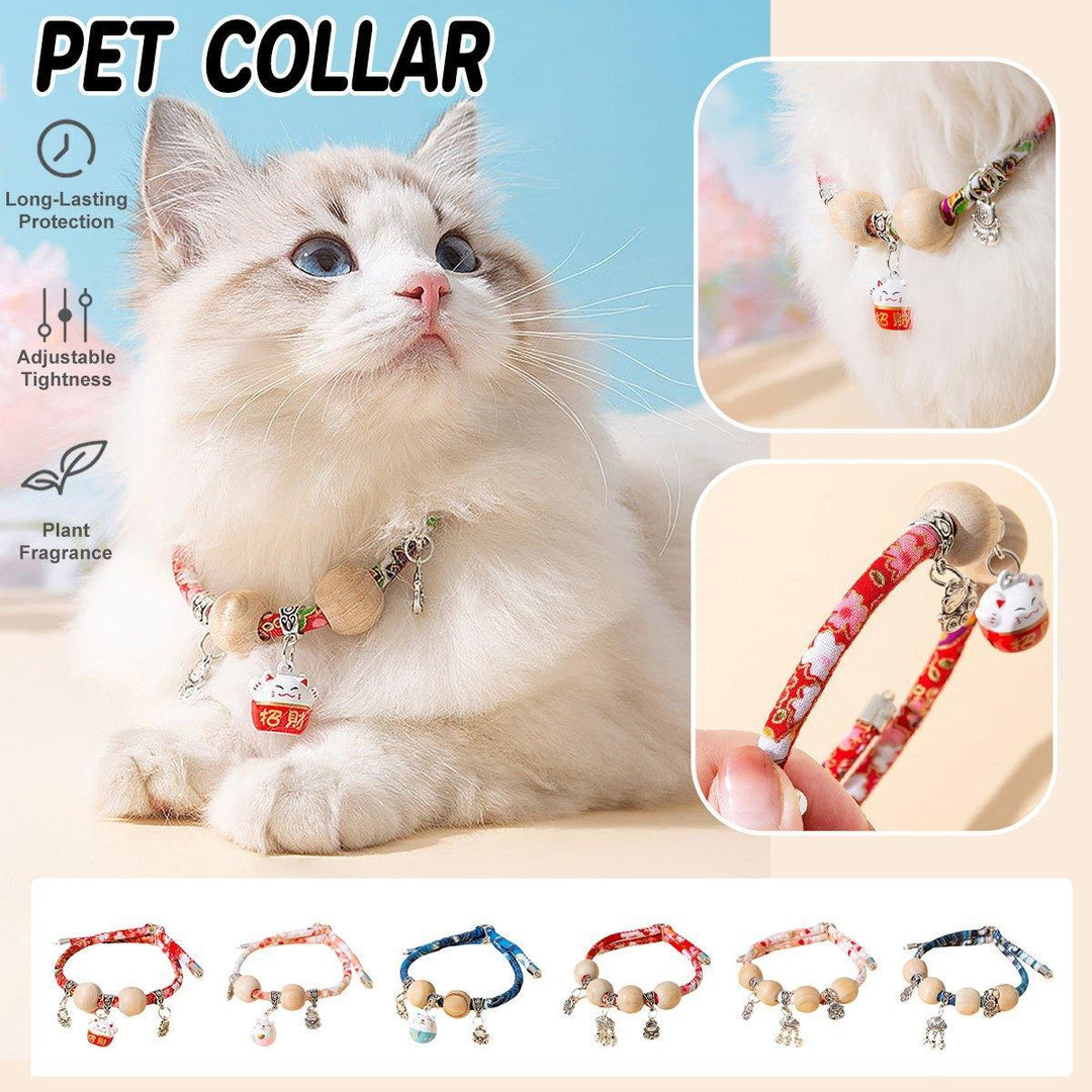 Camphor Wood Bead Collar with Bell Necklace for Cats and Dogs Pet Accessories - Red-Longevity Lock