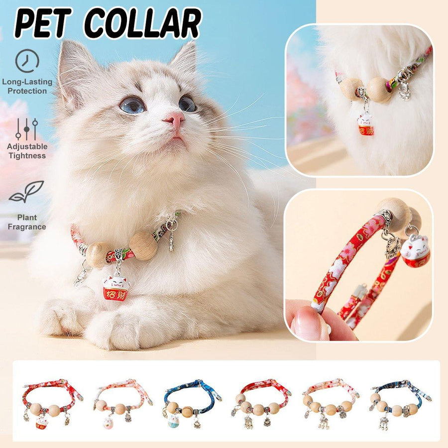 Camphor Wood Bead Collar with Bell Necklace for Cats and Dogs Pet Accessories - Red-Longevity Lock