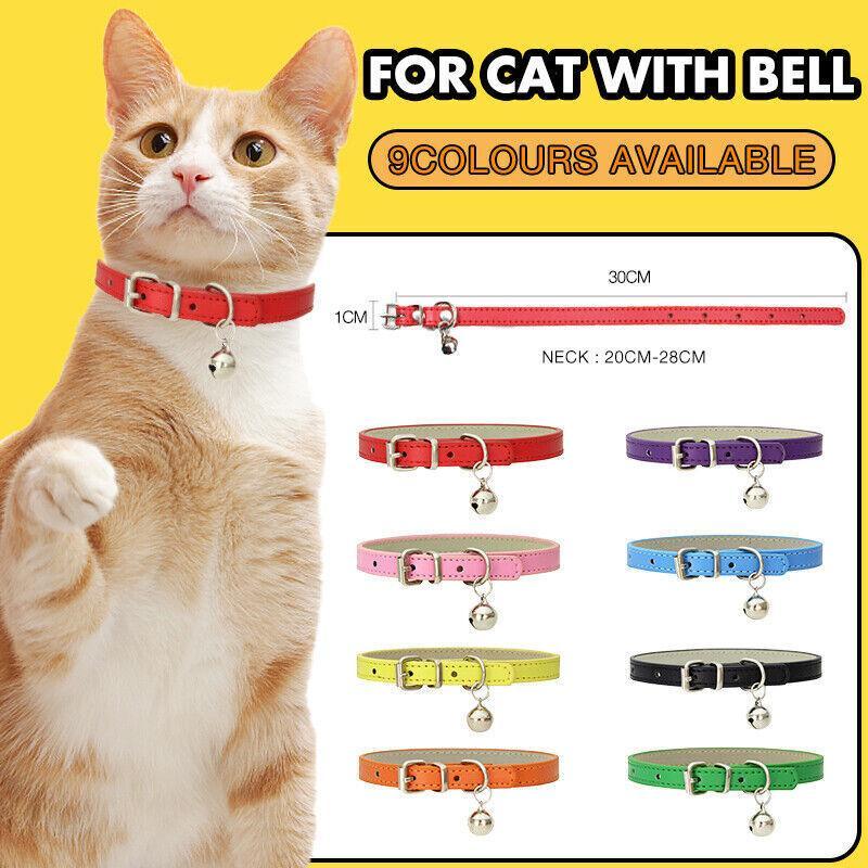 Adjustable PU Leather Cat Collar with Bell Breakaway Buckle 9 Colours - Red