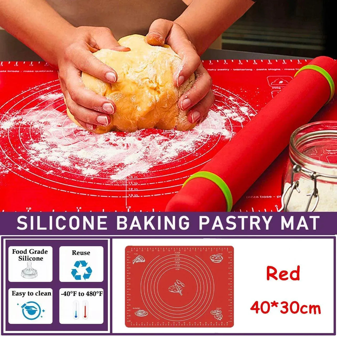 Red Silicone Baking Mat 40x30cm Non Stick Dough Rolling Sheet Reusable Pastry Tool
