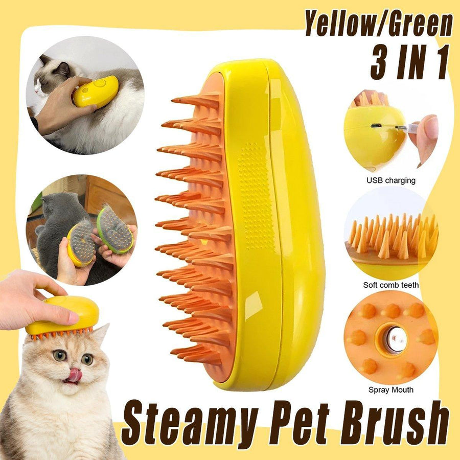 Electric Pet Hair Brush 3 in 1 Steamy Dog Cat Hair Grooming Bath Spray Tool - Yellow