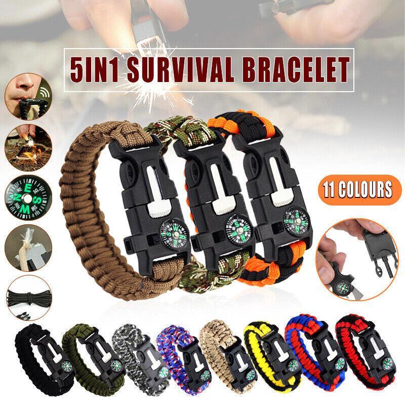 Flint Fire Starter 5In1 Survival Paracord Bracelet Whistle Compass Gear Tool Kit - Red