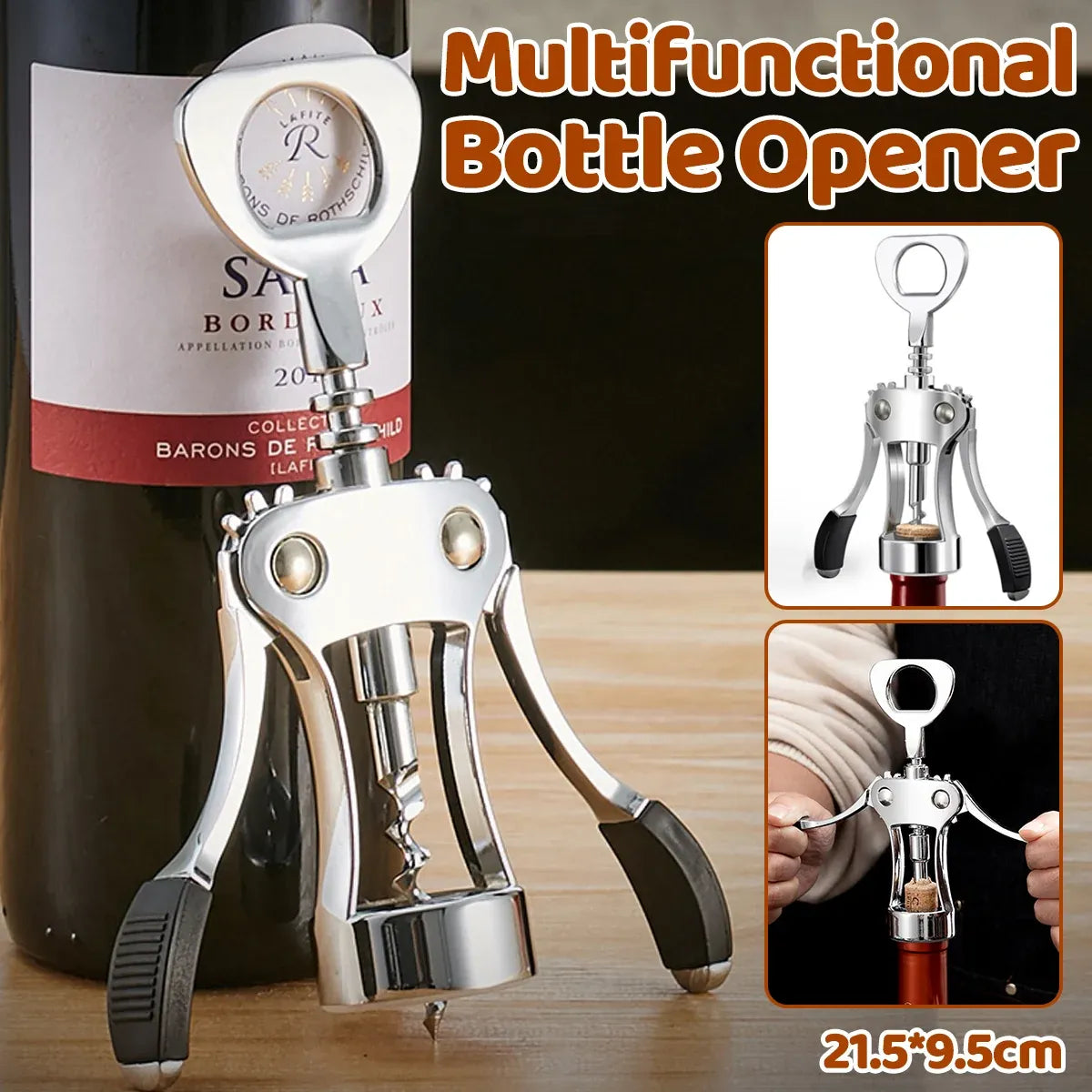 Wine Corkscrew Bottle Opener Winged Lever Zinc Alloy Crown Cap Lifter Silver