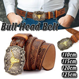 Retro Punk Belt with Cow Head Large Plate Buckle Trendy Western Waist Strap - 115cm
