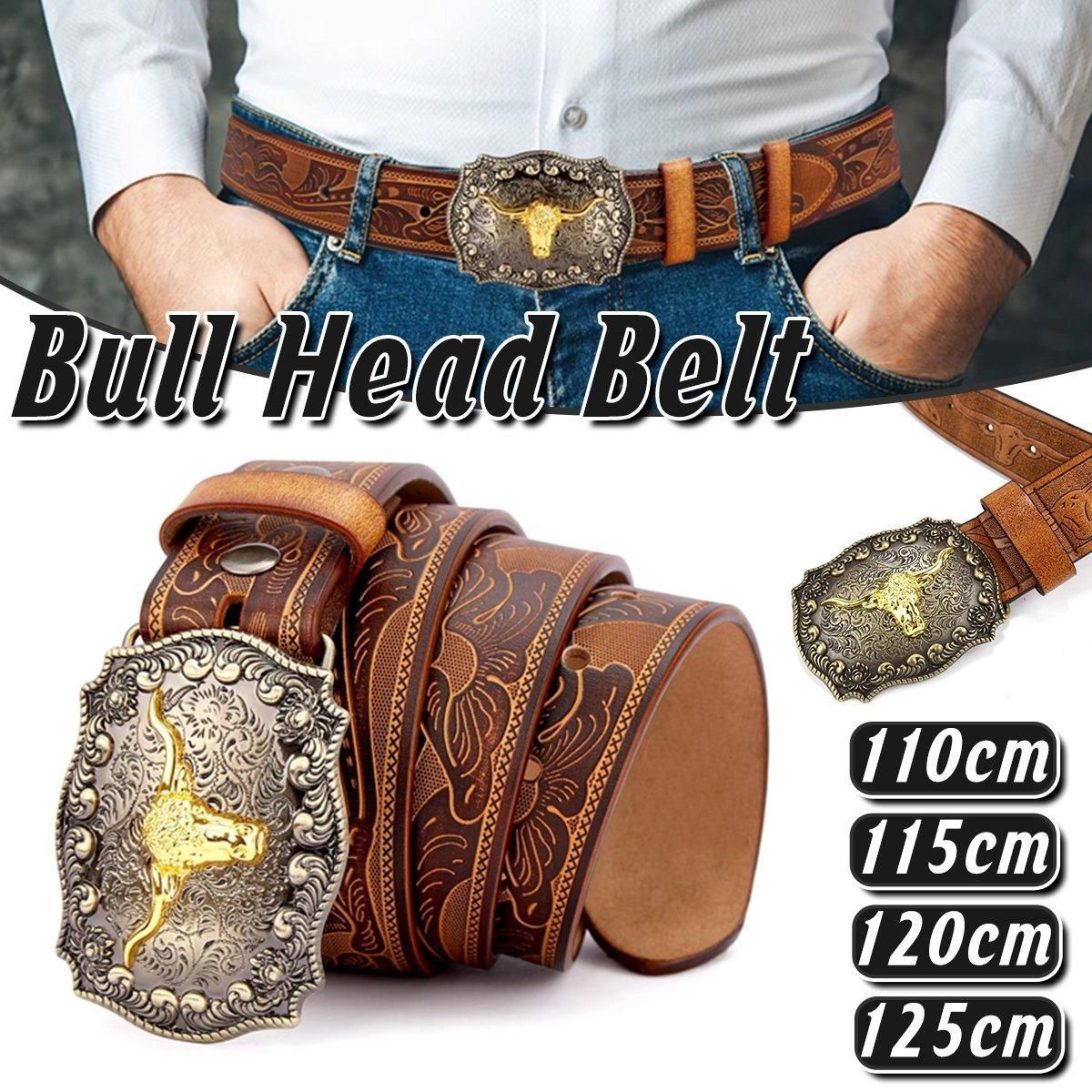 Retro Punk Belt with Cow Head Large Plate Buckle Trendy Western Waist Strap - 115cm