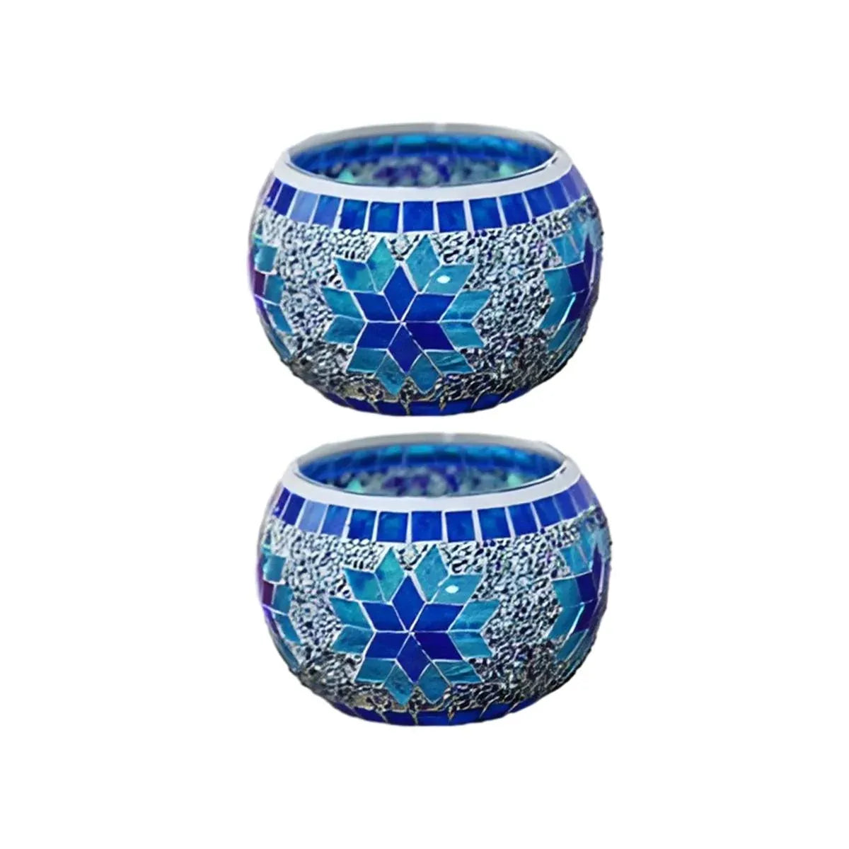 2Pcs European Style Colourful Mosaic Glass Candle Holder Cup Tabletop Decor - Blue